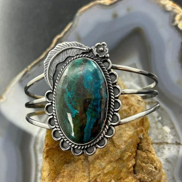 Sterling Silver Southwestern Style Large Oval Shattuckite Bracelet For Women #1